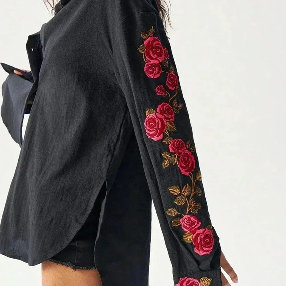 Black Casual Women's Loose Woven Asymmetrical Hem Long Sleeve Long Shirt - Picture 5 of 7